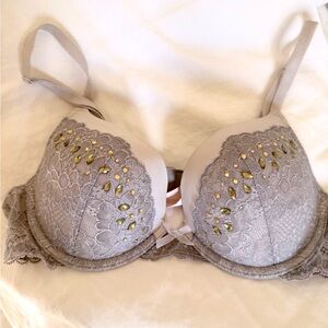 Victorias Secret 36B Dream Angels push up bra grey rhinestones lace